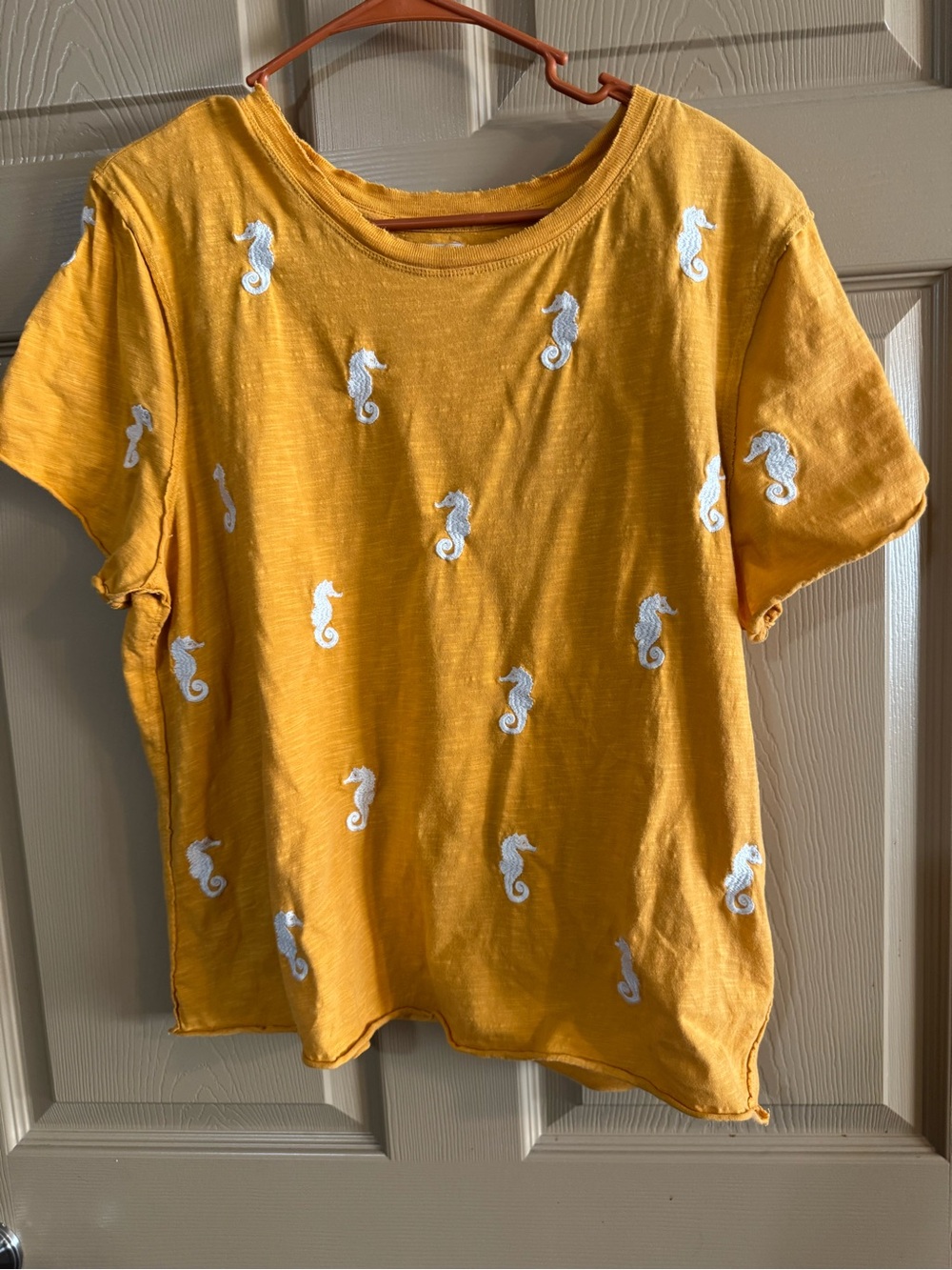Maeve Mustard Yellow Seahorse Embroidered Short Sleeve Tee